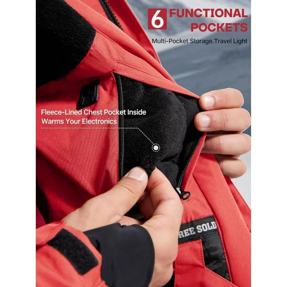 Men's Red Black Waterproof Ski Snow Fleece Lined Warm Winter Rain Jacket